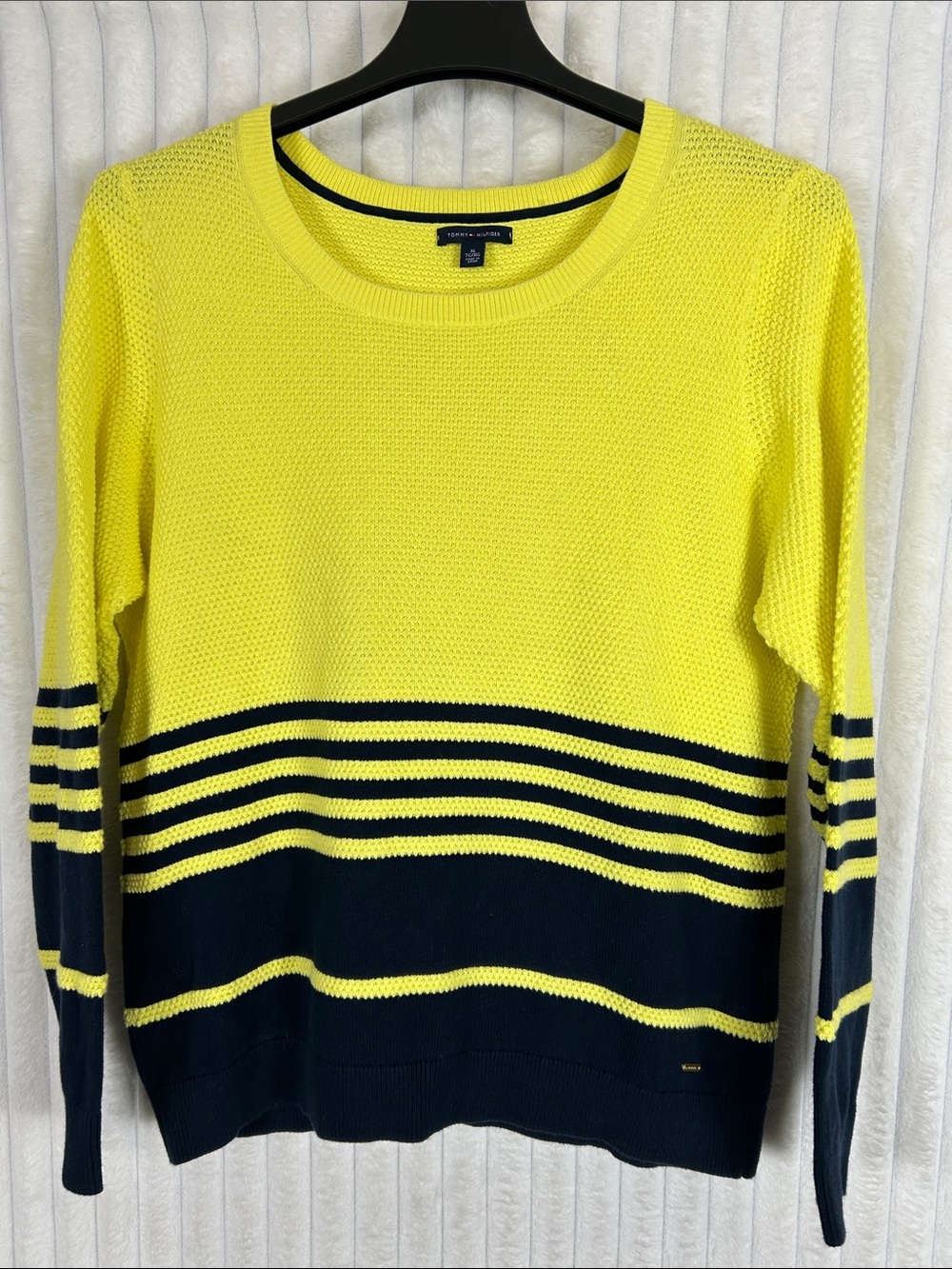 Tommy Hilfiger Bright Yellow and Navy Striped Crew Sweater XL preppy nautical